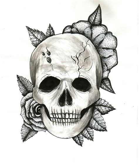 Crâne humain avec des roses dessinés dans le style de tatouage. Crâne et fleurs (Valentine Fasquel)