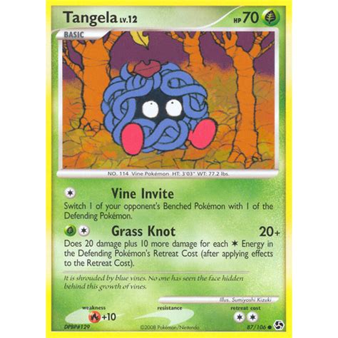 Jul 12, 2021 · tangela can ensnare and entangle anything that moves too close to it with its vines. Tangela 87/106 DP Great Encounters Common Pokemon Card NEAR MINT TCG