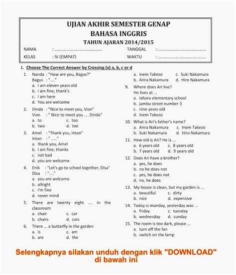 Soal bam kls 6 uts 2 ta 2019/2020 : Bahasa Inggris Kelas 4 Sd Semester 1 - Guru Galeri