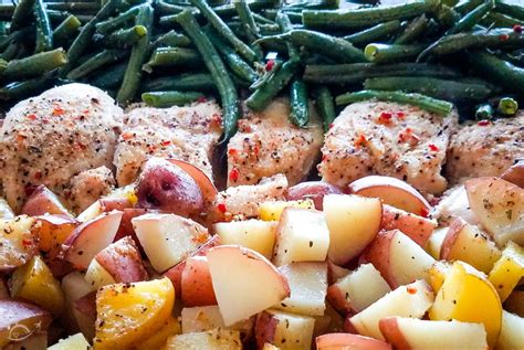 Dice the potatoes and place onto the sheet pan on top of and among the green beans. Italian Chicken Potato Green Bean Bake | A Reinvented Mom