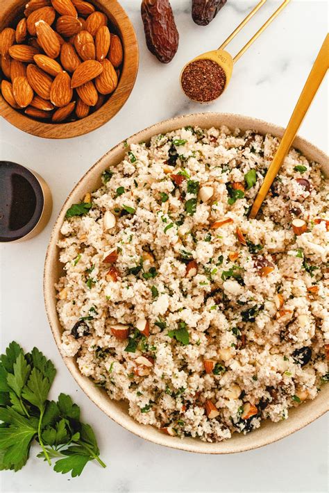 Mix in garbanzo beans, dates, almonds, minced cilantro, and green onions. Cauliflower Couscous Salad with Dates, Parsley & Almonds ...