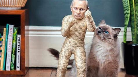 Le président russe vladimir poutine (au centre). Des griffoirs à chats à l'effigie de Vladimir Poutine et ...