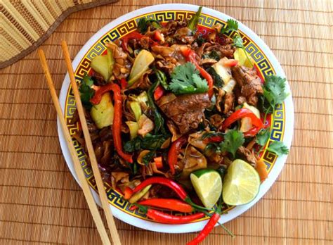 Phad kra praow (fairly spicy) (f). Vegan Thai Pad Gra Prow - Spicy Beef & Basil - with Wide Rice Noodles & Bok Choy | Spicy beef ...