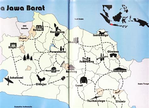 Peta jawa barat atau pendeknya peta jabar kami lampirkan dalam 4 versi, yaitu versi peta provinsi jawa barat lengkap dengan nama kabupaten, peta jabar dalam versi atlas, peta jabar dalam versi jalan dan peta jabar dalam versi google map. Peta Wisata Jawa Barat - Tempat Wisata Indonesia