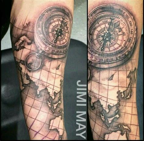 Let thy compass be the guiding light to guide you on your journey through the winding road that is life. Compass on world map wrapping around the forearm | Tattoos ...