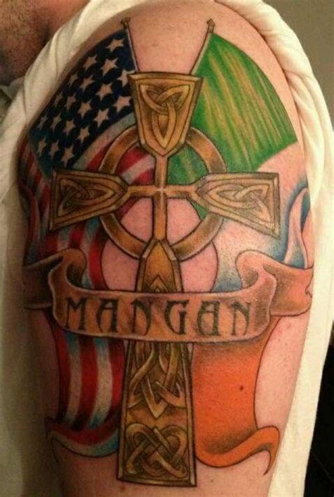 The iconic eagle design with american flag wings. Irish and American flag with Celtic cross tattoo