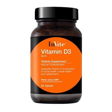 1 tablet, amount per serving: Vitamin D3-600IU Supplement InVite Health 60 Tablets ...