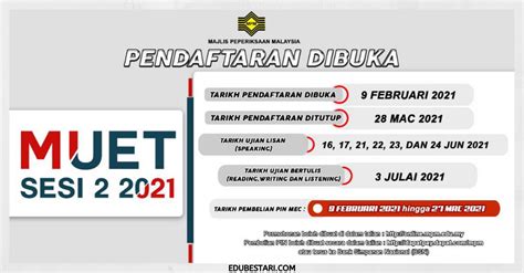 Kalendar peperiksaan muet 2019 tarikh penting semakan my. Tarikh Pendaftaran & Ujian MUET Sesi 2 Tahun 2021 - Edu ...