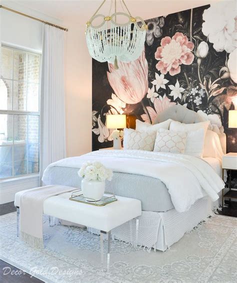 Black accent wall creates a perfect backdrop for the. Sources | Floral bedroom, Guest bedroom decor, Black floral wallpaper