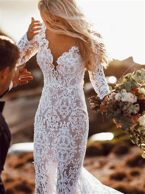 Lace sweetheart regular wedding dresses. See Through Lace Long Sleeve Backless Mermaid Wedding ...