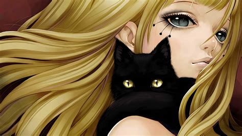 You are loud and sweet. Wallpaper : cat, blonde, anime, yellow, black hair, original characters, Toy, clothing, head ...