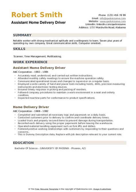 Eye grabbing international resumes samples livecareer. Home Delivery Driver Resume Samples | QwikResume