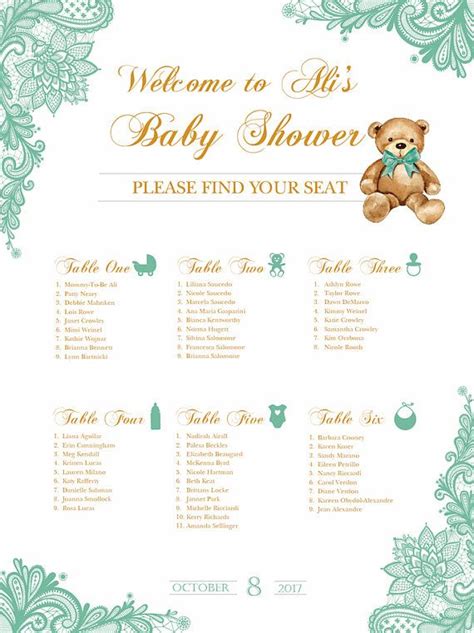 15% off with code outdoordealz. Baby Shower Seating Chart Board, Mint green LACE, Printed ...
