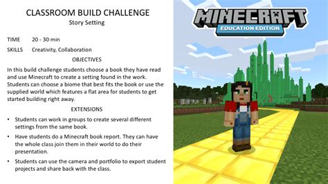 In this build challenge, students use minecraft to build a setting from a book they have already read. This week's activity image, featuring building settings ...