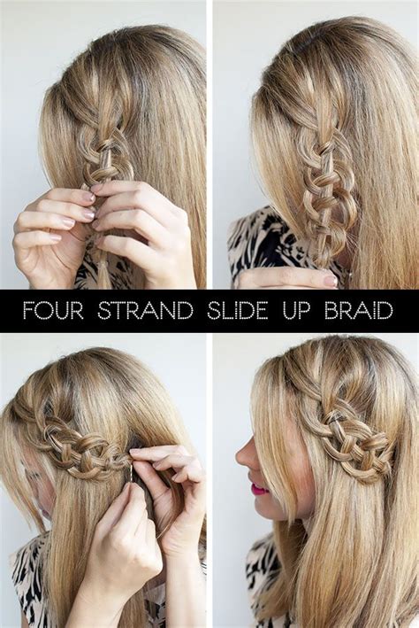 Here is a new hairstyle tutorial video where you can learn how to create this four strand slide updo braid hairstyle. Four strand slide up braid. | Hair styles, Hair romance ...