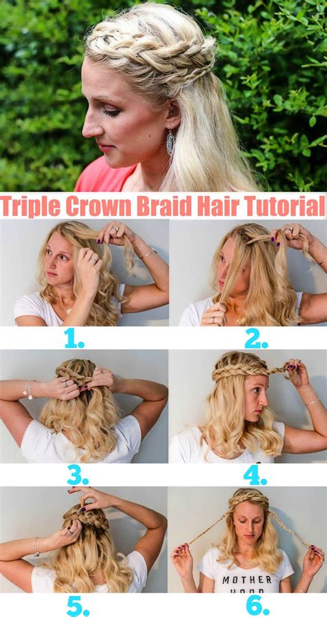 Create volume on top by carefully loosening the hair with a comb. Triple Crown Braid | Hair Tutorial | Beauty | Happily ...