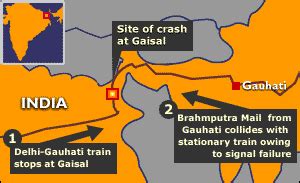 Two trains carrying 2,500 people collided at the remote station of gaisal, 310 miles from the city of guwahati mr. BBC News | South Asia | Death toll rises in train disaster