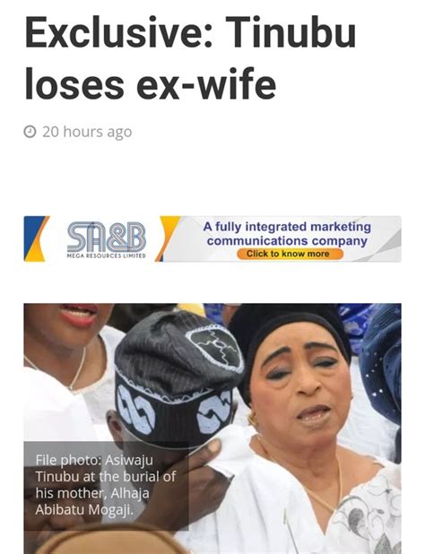 If the story is actually true and i'm to make a guess, fayose will be the number one on my list. Tinubu's Ex-Wife & Mother Of His Son Is Dead ...