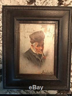 Paining of man smoking a pipe. Antique Oil Painting On Board Of An Old Man Smoking Pipe ...