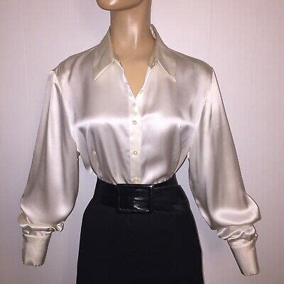 Pair this stunning satin blouse with your favorite trouser pants and work heels and you will feel like a million bucks with confidence and poise. L Off White 100% SILK Shiny LIQUID SATIN BLOUSE 42" Bust Secretary Vintage | eBay in 2020 ...