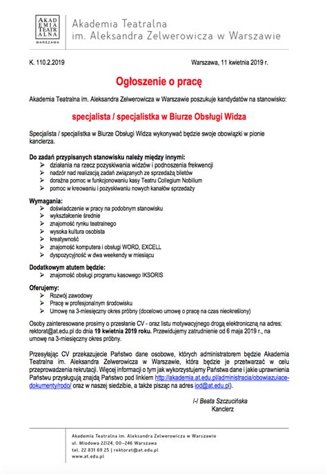 Przeglądasz aktualne oferty pracy, a pośród dostępnych ogłoszeń nie widzisz interesujących jak napisać podanie o przyjęcie do pracy? Ogłoszenie o pracę: specjalistka / specjalista w Biurze ...