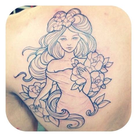 Blue rose tattoo on the thigh. Art nouveau lady with roses tattoo by Ally Riley at ...