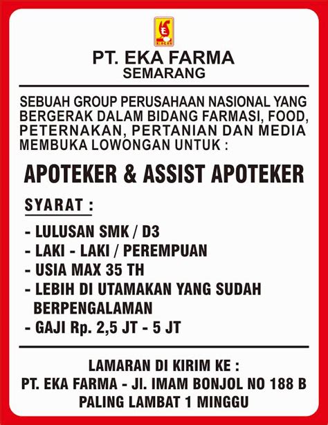Kubota indonesia adalah pelopor dari perusahaan mesin diesel yang bermutu tinggi di. Lowongan Asisten Apoteker Dan Apoteker Pt Eka Farma Smk ...
