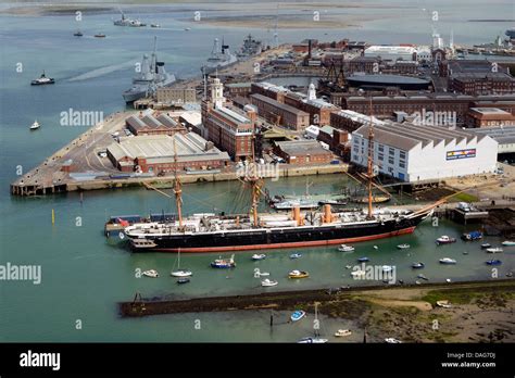 An aerial view of Portsmouth Historic Dockyard and Royal Navy base on the south coast of England ...