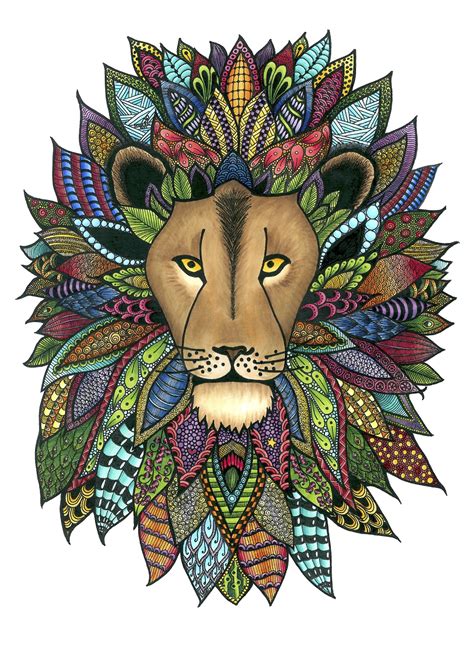 If you and/or your kids. Zentangle lion in colors | Zentangle lion, Lion art ...