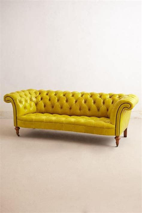 Dark grey sofa, dove grey curtains, yellow textiles and a vase. Mustard Yellow Leather Chesterfield Sofa - Sofa Design Ideas