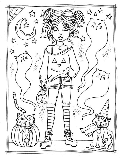 Cute princess witch with a pumpkin in autumn coloring pages printable. Little Witches Digital Coloring Book. Print and Color Cute ...