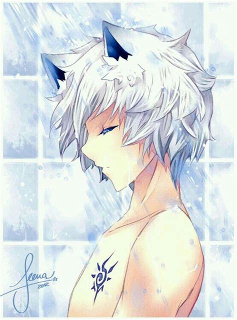 White hair anime wolf boy eating a cake. #shower #white #anime #hair #neko #boy #inWhite hair anime ...