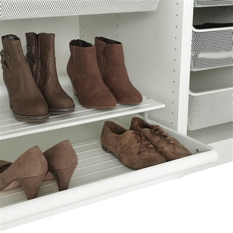 Boots and higher shoes fit in the front level and lower ones in the back.you can easily see and reach your shoes since the shelf pulls out.the shoe what a sad disappointment the new komplement pullout show shelf is. KOMPLEMENT Pull-out shoe shelf, white, 39 3/8x22 7/8" - IKEA