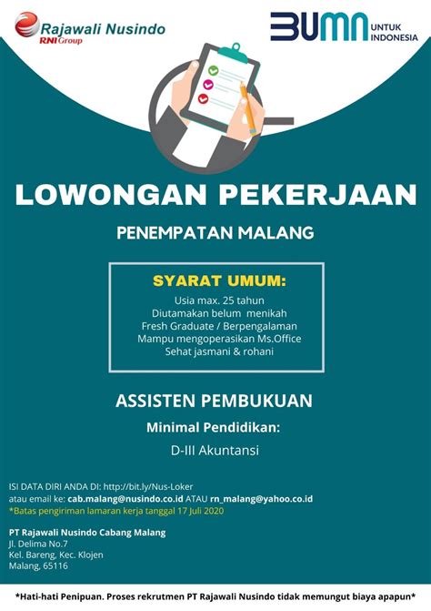 Temukan info lowongan kerja / pekerjaan magang, mahasiswa, kerja sampingan terbaru yang bisa kamu apply sekarang, gratis! Lowongan Kerja Malang | PT Rajawali Nusindo Juli 2020