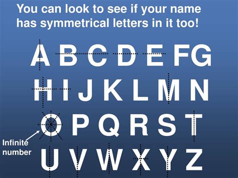 In standard fonts, the letters a, m, t, u, v, w and y each has a vertical line of . PPT - Symmetry Has 3 Types Rotation Translation Reflection ...