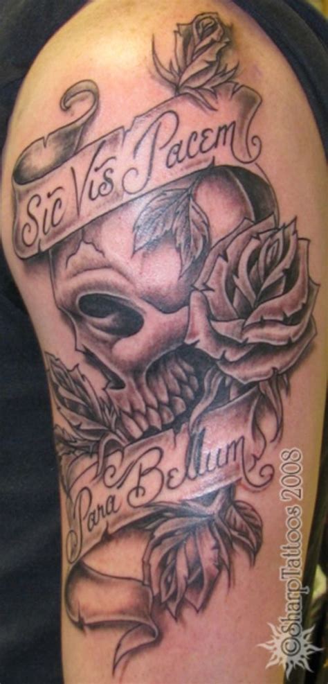 'braccas meas vescimini!i wasn't sure where the latin came from. skull and banner | Skull rose tattoos, Body tattoo design, Scroll tattoos