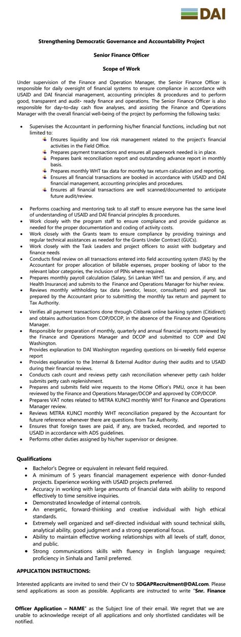 Furthermore, the senior finance officer will ensure compliance, managing financial risks, auditing and timely financial reporting to donors under. Senior Finance Officer