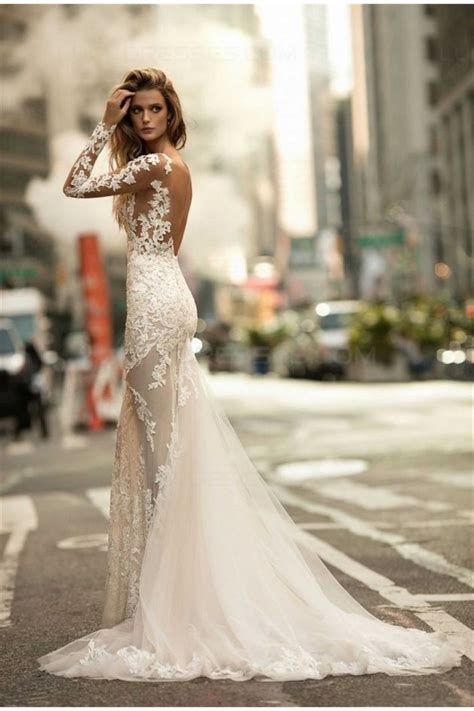 Looking for pictures of latest wedding gown styles on real brides? Sexy Mermaid Long Sleeves Lace Sheer Wedding Dresses ...