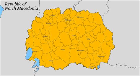 Tetovo, kočani, gostivar, strumica, kumanovo, gevgelija, skopje, kavadarci, veles, kičevo, bitola, centar župa. Map of the Republic of North Macedonia with 1st level ...