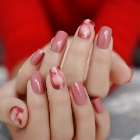 No damage to the natural nails. Coral Red Marble Faux Nails - Fake Nail Store | Nail ...