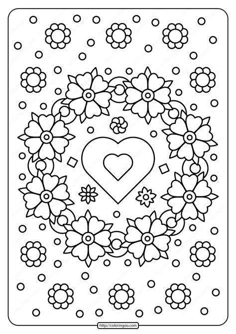 Home » wenskaarten » bloemenkrans. Spring Flower Wreath with Heart Coloring Page | Heart ...