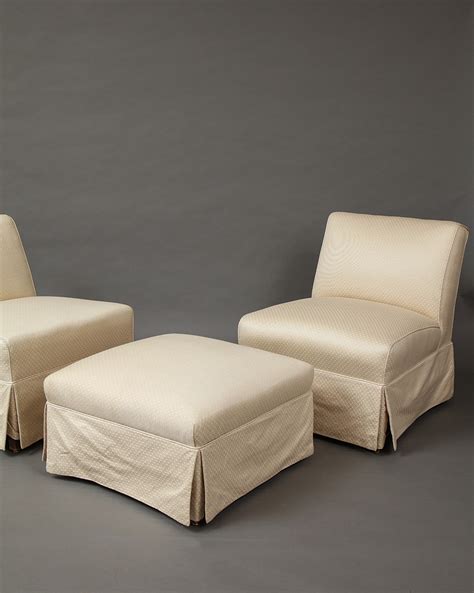 Blue sleeper chair and a half: Pair of Slipper Chairs and Ottoman by | Liz O'Brien