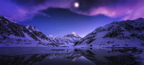 Aurora snow loves to blow. landscape, Nature, Lake, Mountain, Snow, Reflection, Stars ...