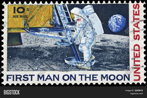 Bronze medal, 1.5 inches in diameter, of the first man on the moon, produced by the 99 company, encased within a first day of issue cover of the u.s. First Man On Moon Image & Photo (Free Trial) | Bigstock