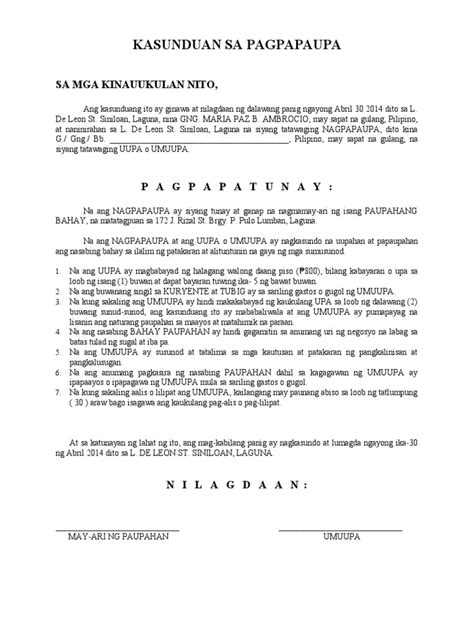Kasunduan sa pagpapaupa sa mga kinauukulan nito, ang kasunduang ito ay ginawa at nilagdaan ng na ang nagpapaupa at ang uupa o umuupa ay nagkasundo na uupahan at papaupahan ang nasabing bahay sa ilalim ng patakaran at alituntunin na gaya ng mga sumusunod. 16681653 Kasunduan Sa Pagpapaupa