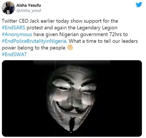 While many users like the attention that their tweets receive, other users prefer to stay anonymous to avoid personal attention or criticism. Twitter Hackers #Anonymous wey support #EndSARS claim ...