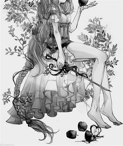 Check spelling or type a new query. Black and white anime girl body with frilly dress, apples on ground and in hand, holding sword ...