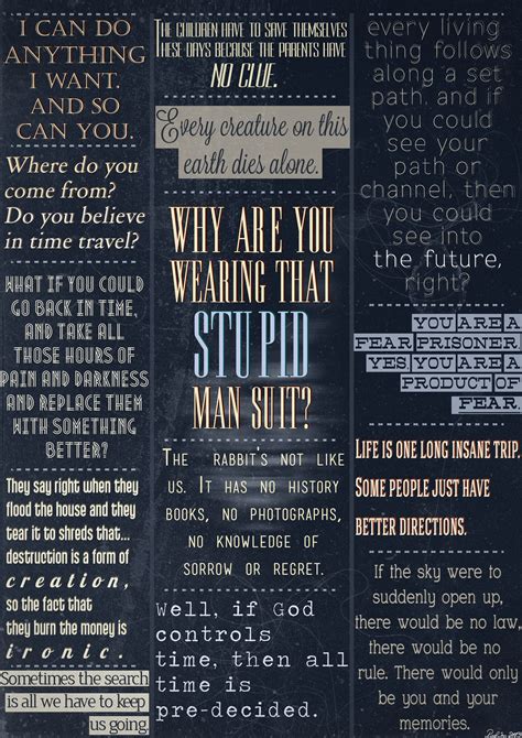 Taking place during an election year in the late 1980s, donnie darko tells the story of a troubled teenager who receives disturbing visions from a tall bunny rabbit telling him the world will soon come to an end. donnie darko | Donnie darko frank, Donnie darko quotes ...