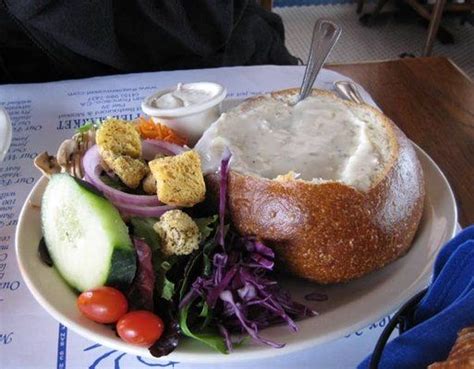 It features a clear tomato broth and is essentially a vegetables soup with what kind of potatoes should i use? Clam Chowder bread bowl and salad combo | Bread bowls ...