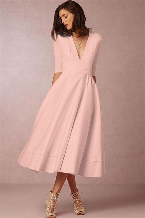 Solid ruffle sleeve swing dress. Pure Passion Deep V-neck Princess Swing Midi Dress | Lange ...